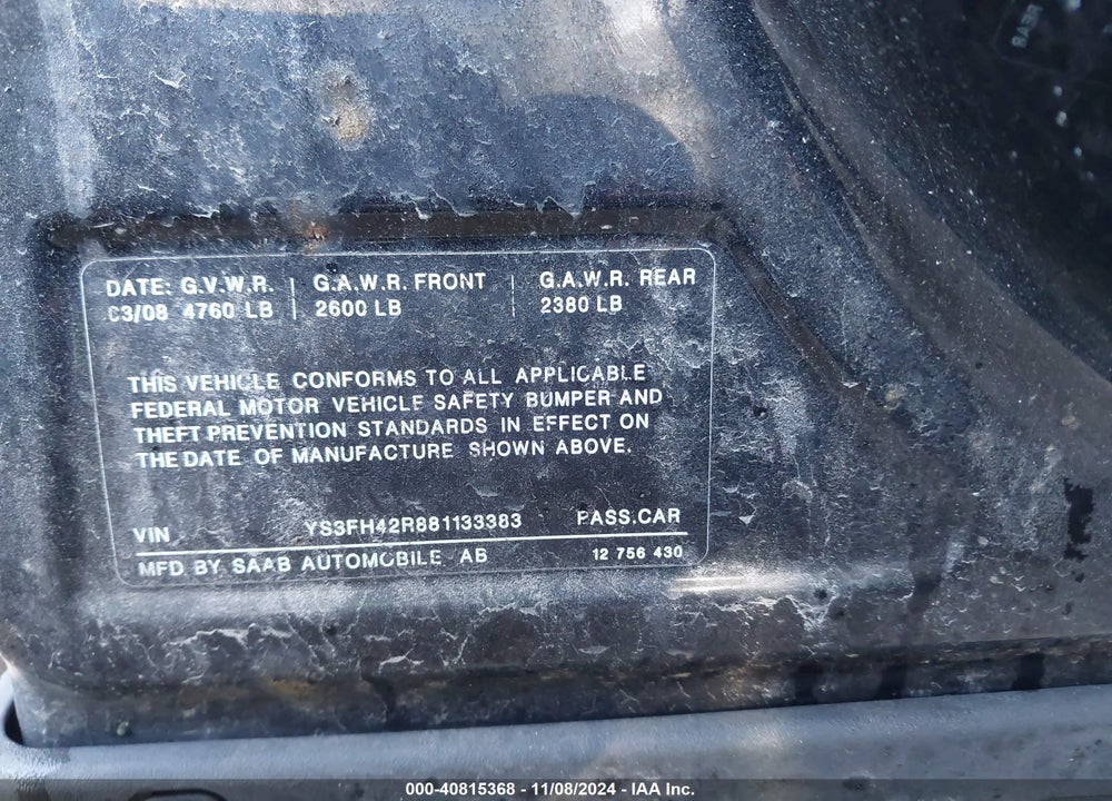 2008 SAAB 9-3 AERO VIN: YS3FH42R881133383