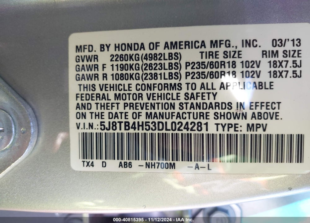 2013 ACURA RDX VIN: 5J8TB4H53DL024281