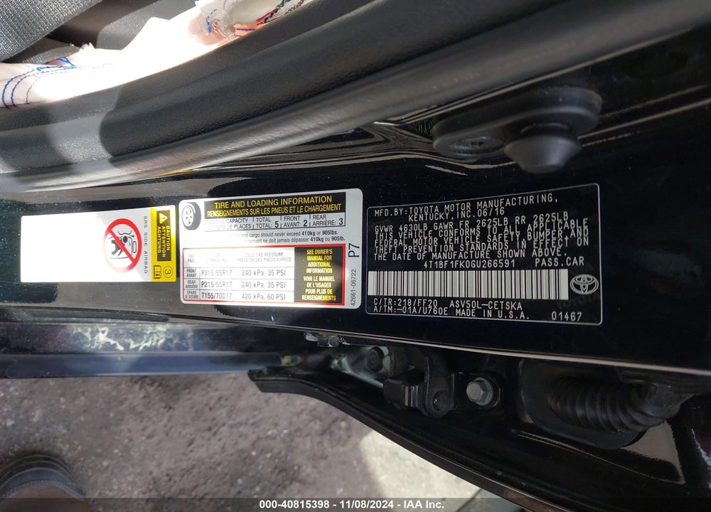 2016 TOYOTA CAMRY SE VIN: 4T1BF1FK0GU266591