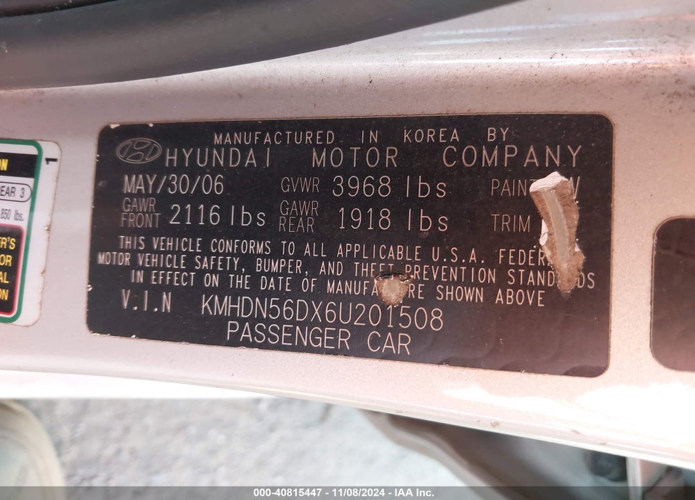 2006 HYUNDAI ELANTRA GLS/GT VIN: KMHDN56DX6U201508