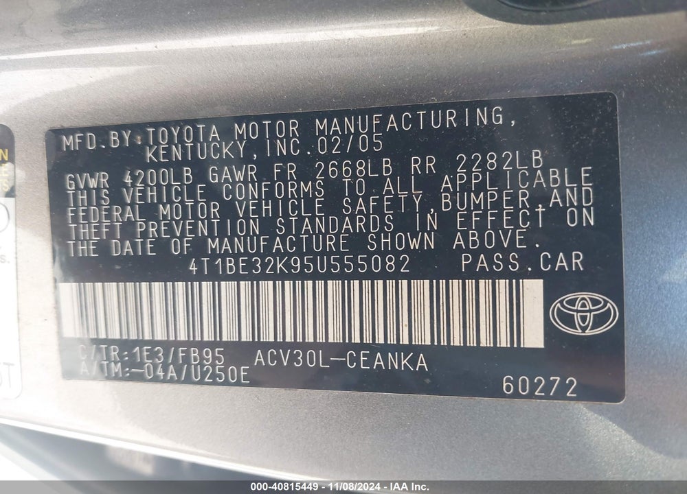2005 TOYOTA CAMRY STD/ VIN: 4T1BE32K95U555082