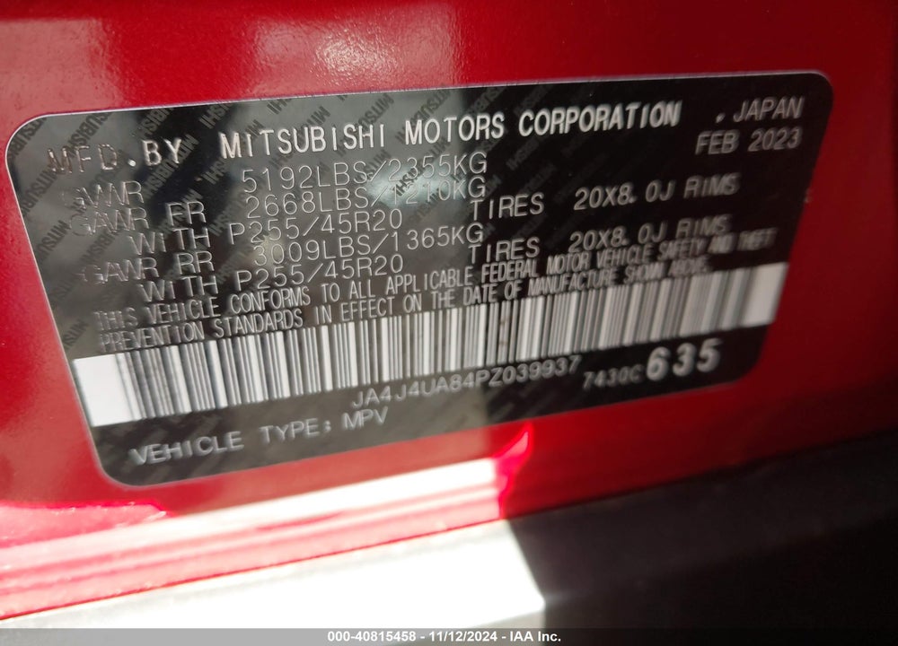 2023 MITSUBISHI OUTLANDER SE 2.5 VIN: JA4J4UA84PZ039937