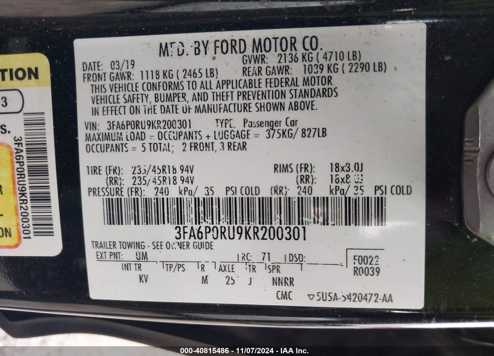 2019 FORD FUSION HYBRID TITANIUM VIN: 3FA6P0RU9KR200301