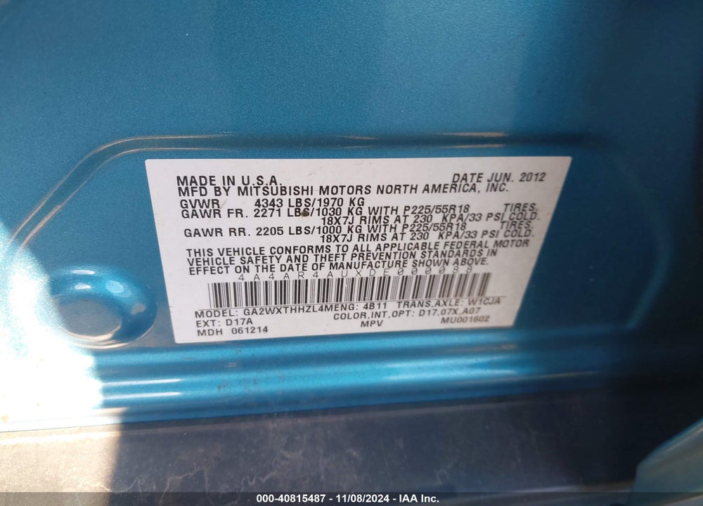 2013 MITSUBISHI OUTLANDER SPORT SE VIN: 4A4AR4AUXDE000088