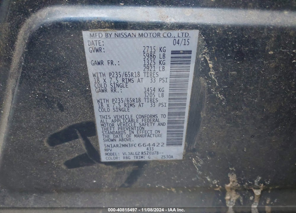 2015 NISSAN PATHFINDER SL VIN: 5N1AR2MN3FC664422