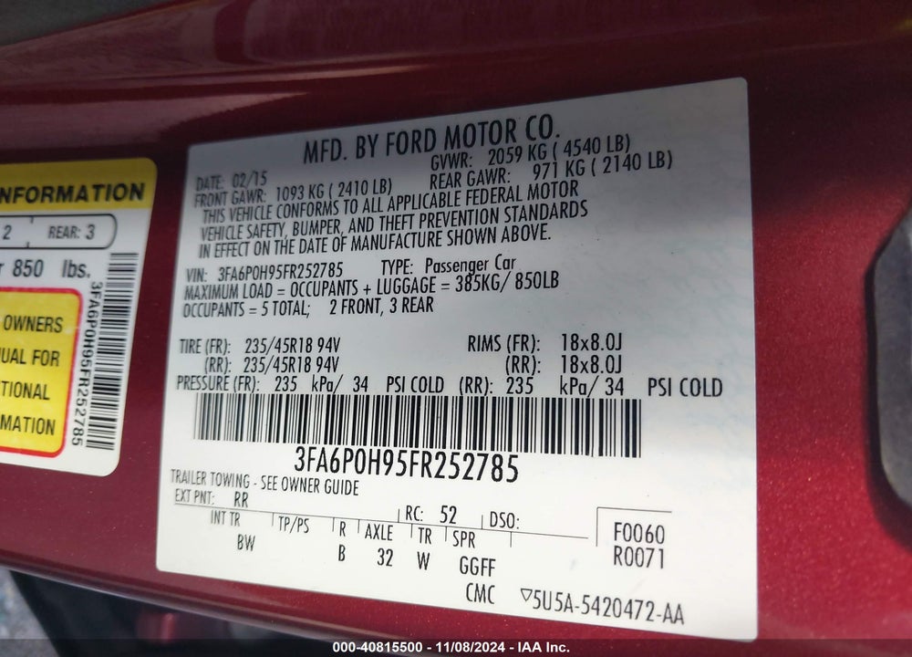 2015 FORD FUSION VIN: 3FA6P0H95FR252785