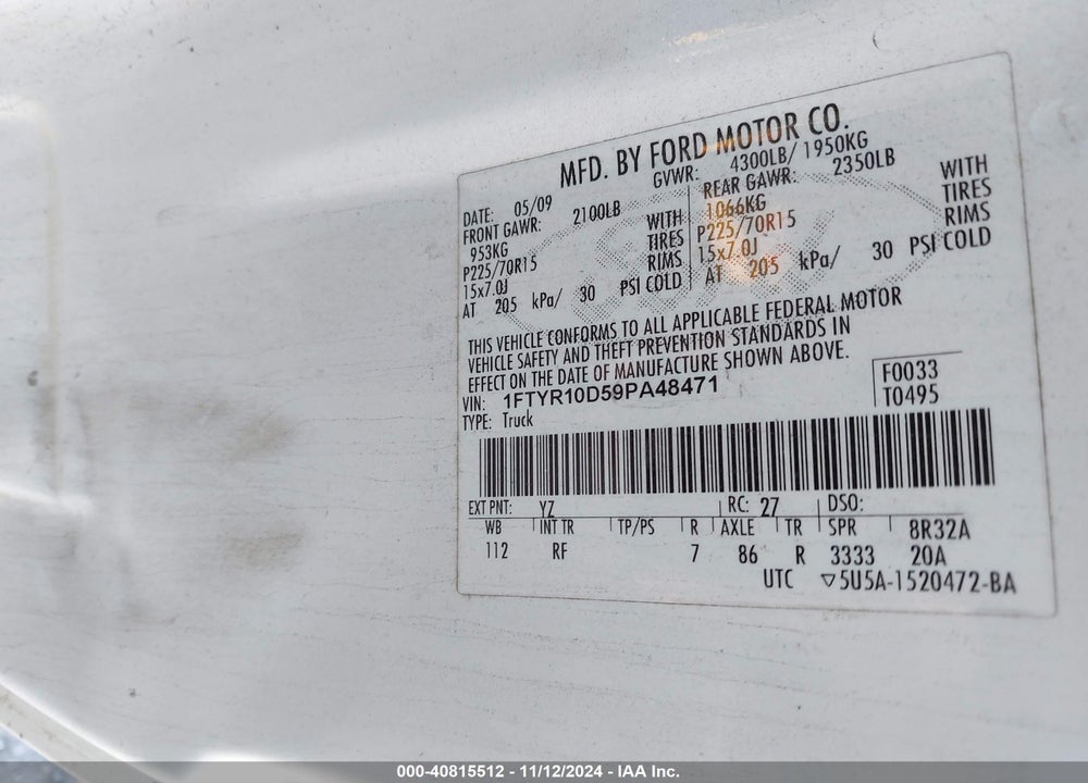 2009 FORD RANGER SPORT/XL/XLT VIN: 1FTYR10D59PA48471