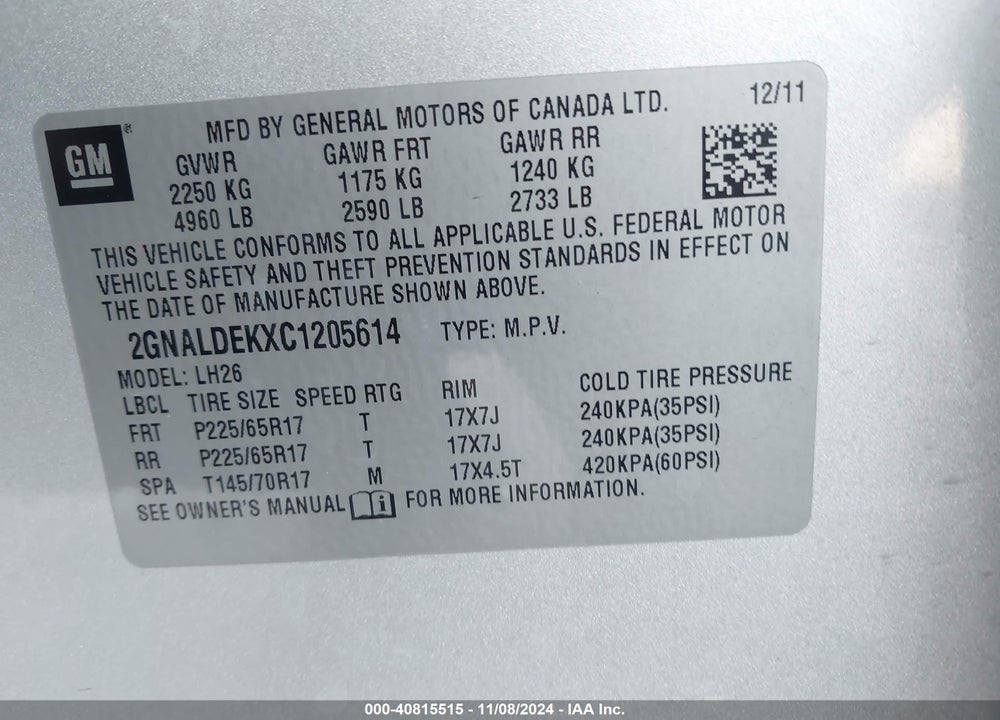 2012 CHEVROLET EQUINOX 1LT VIN: 2GNALDEKXC1205614