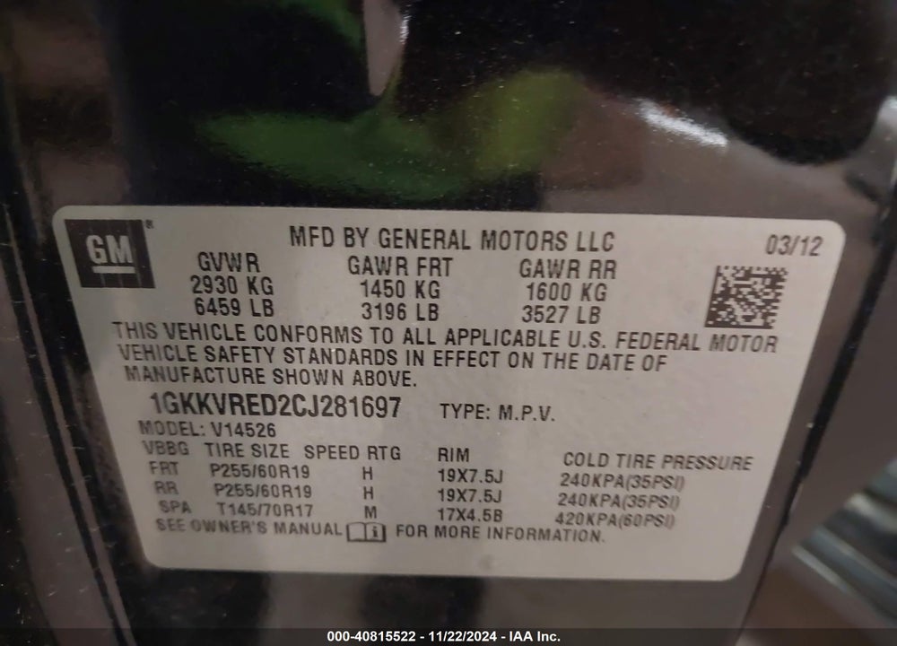2012 GMC ACADIA SLT-1 VIN: 1GKKVRED2CJ281697