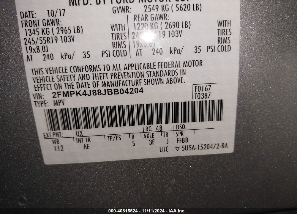 2018 FORD EDGE SEL VIN: 2FMPK4J88JBB04204