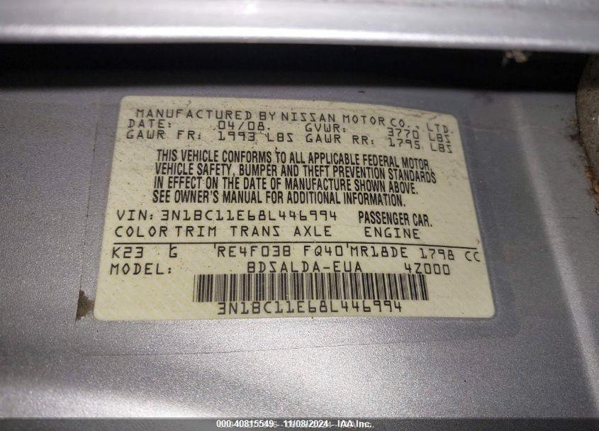 2008 NISSAN VERSA 1.8S VIN: 3N1BC11E68L446994
