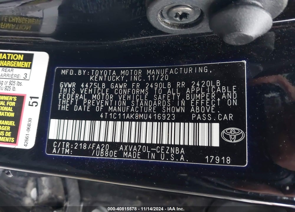 2021 TOYOTA CAMRY LE VIN: 4T1C11AK8MU416923