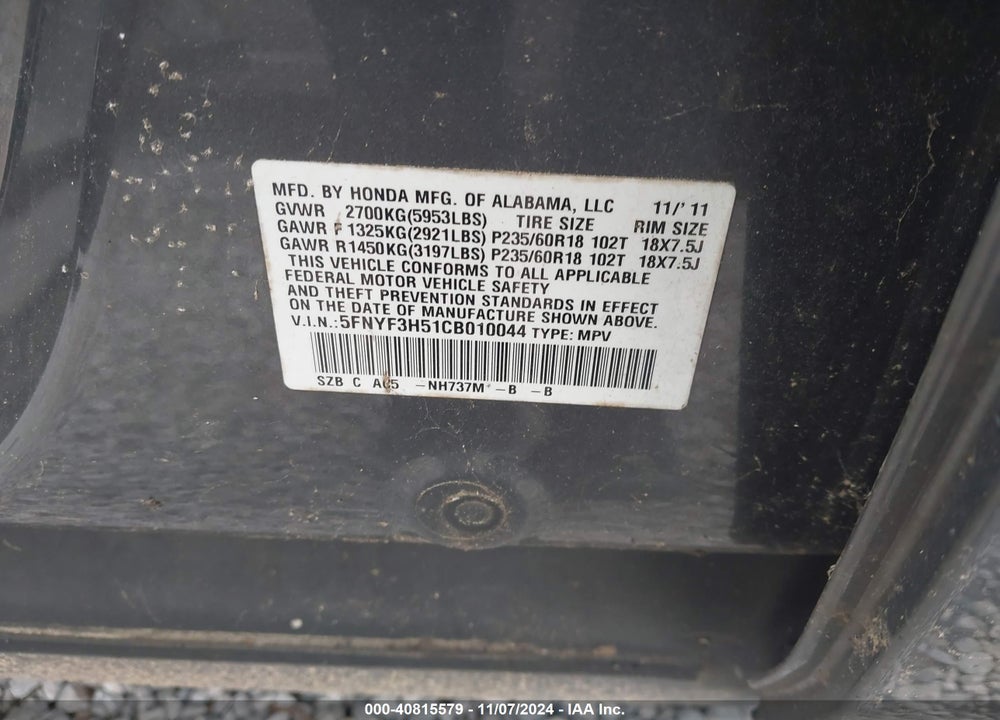 2012 HONDA PILOT EX-L VIN: 5FNYF3H51CB010044