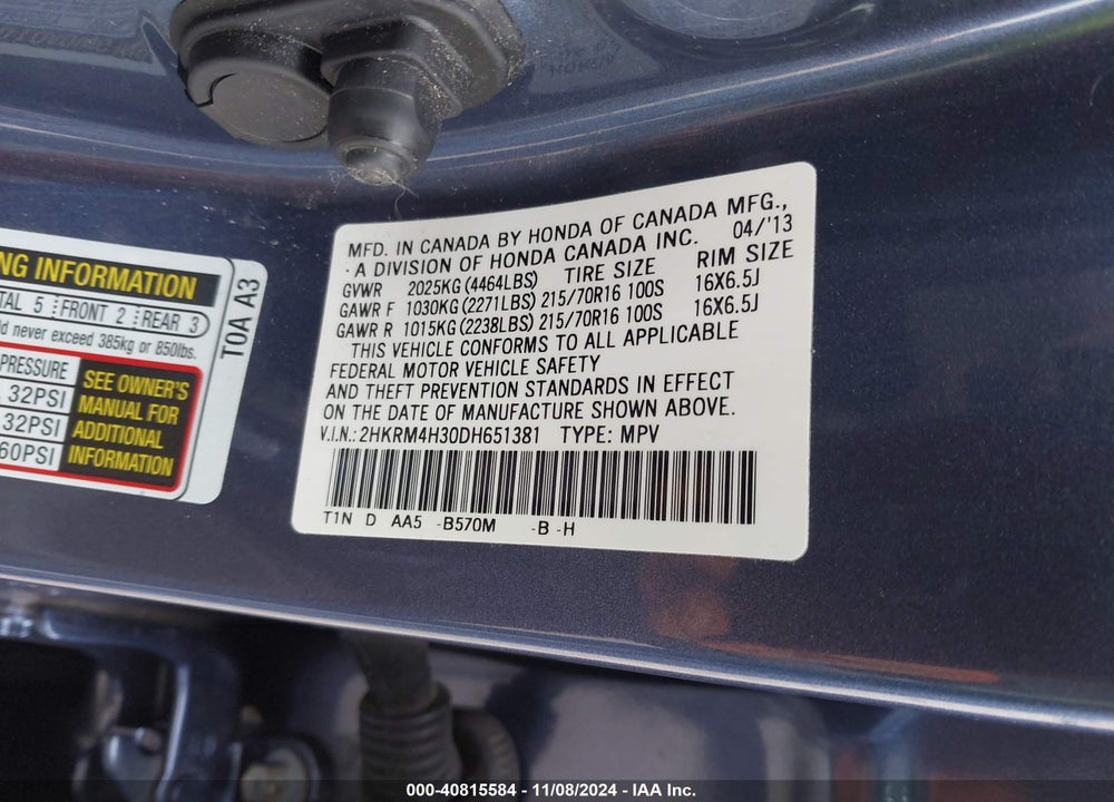 2013 HONDA CR-V VIN: 2HKRM4H30DH651381