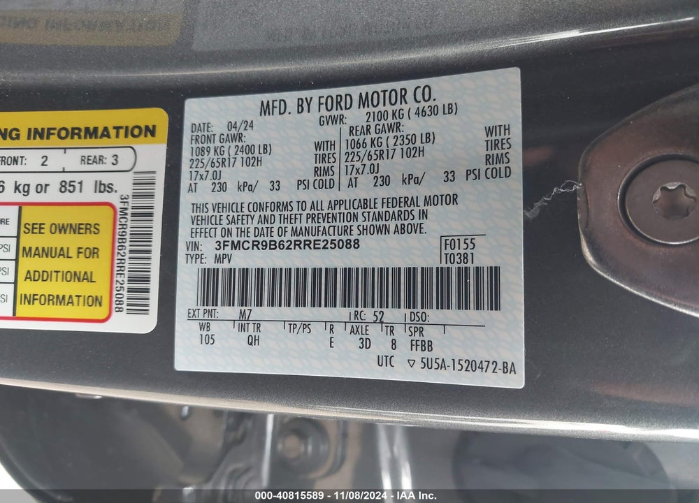 2024 FORD BRONCO SPORT VIN: 3FMCR9B62RRE25088