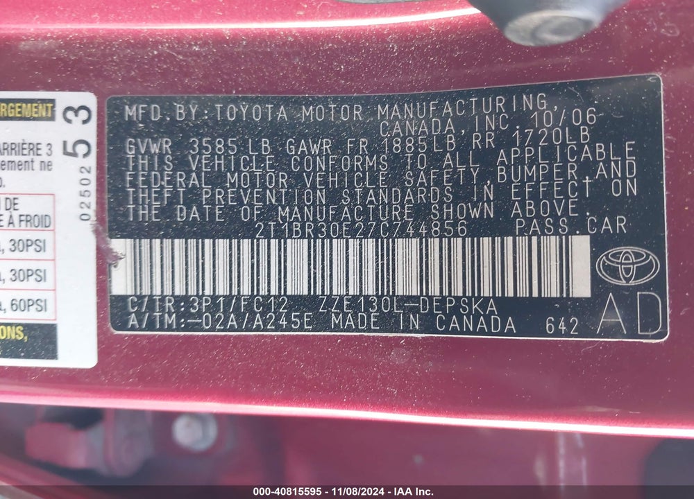 2007 TOYOTA COROLLA S VIN: 2T1BR30E27C744856