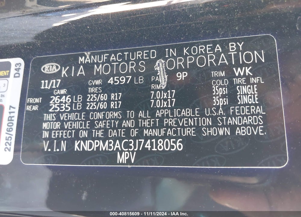 2018 KIA SPORTAGE LX VIN: KNDPM3AC3J7418056
