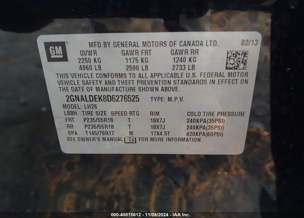 2013 CHEVROLET EQUINOX 1LT VIN: 2GNALDEK8D6276525