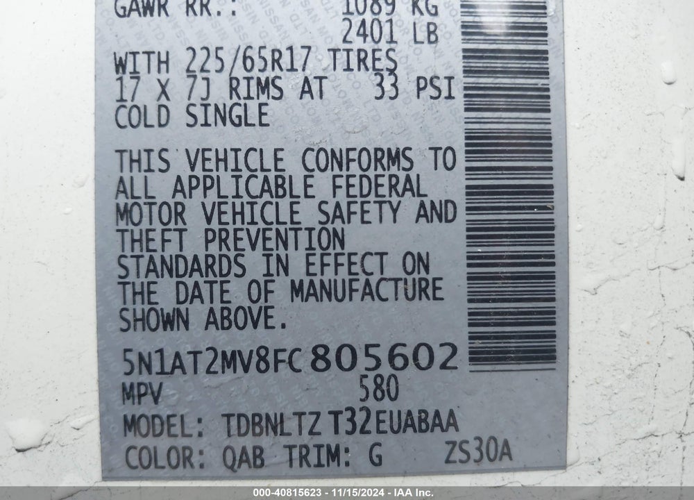 2015 NISSAN ROGUE SV VIN: 5N1AT2MV8FC805602