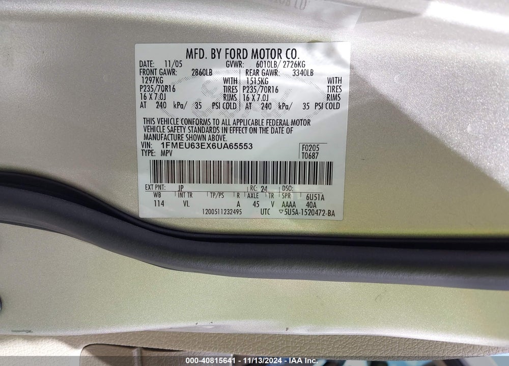 2006 FORD EXPLORER XLT VIN: 1FMEU63EX6UA65553