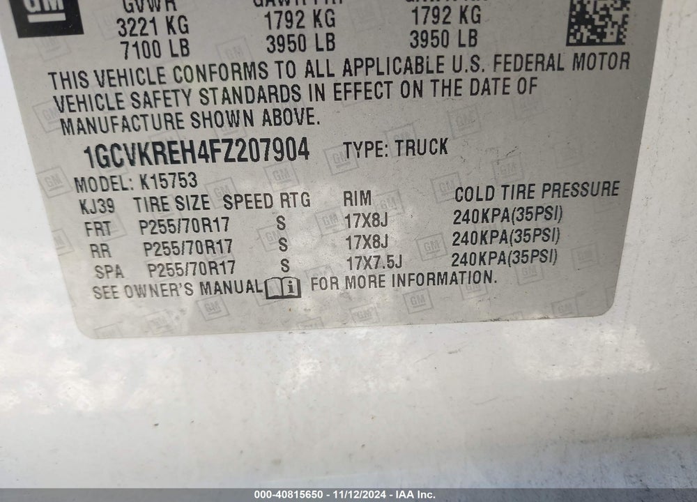 2015 CHEVROLET SILVERADO VIN: 1GCVKREH4FZ207904