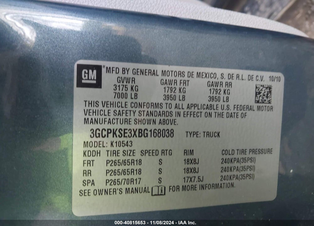 2011 CHEVROLET SILVERADO 1500 LT VIN: 3GCPKSE3XBG168038