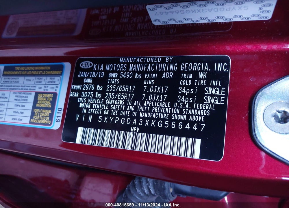 2019 KIA SORENTO 2.4L LX VIN: 5XYPGDA3XKG566447