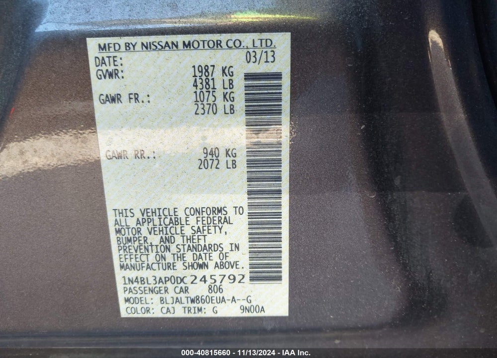 2013 NISSAN ALTIMA 3.5 SV VIN: 1N4BL3AP0DC245792