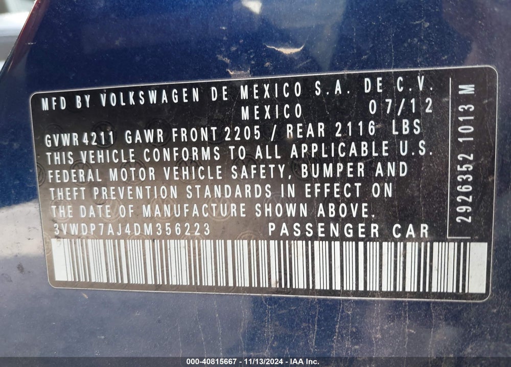 2013 VOLKSWAGEN JETTA SE VIN: 3VWDP7AJ4DM356223