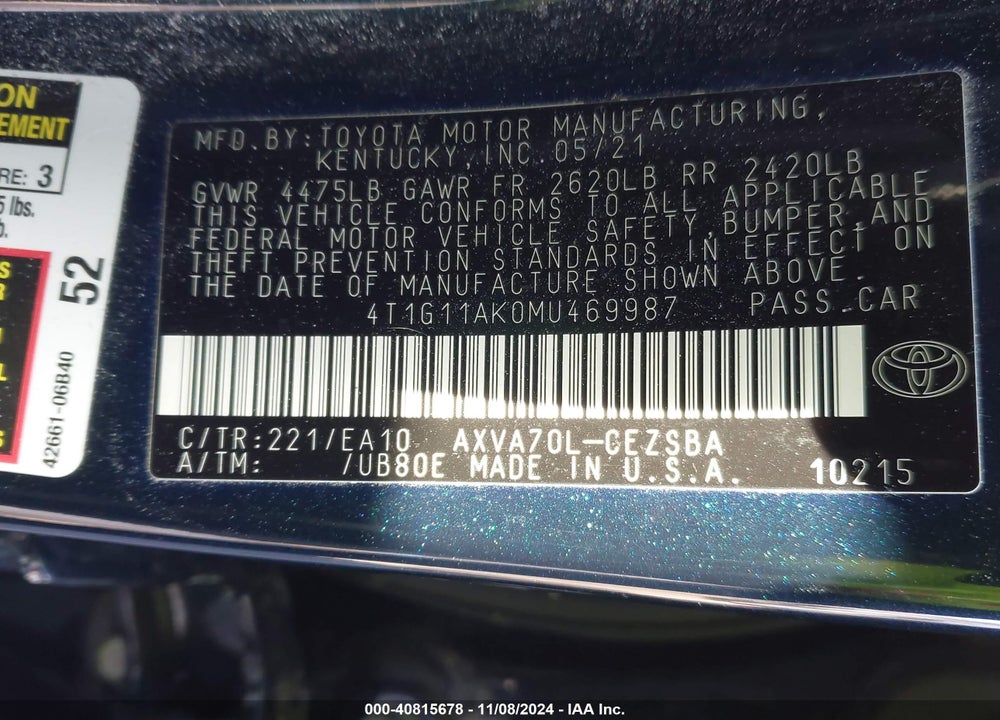 2021 TOYOTA CAMRY SE VIN: 4T1G11AK0MU469987