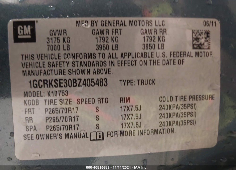 2011 CHEVROLET SILVERADO 1500 VIN: 1GCRKSE30BZ405483
