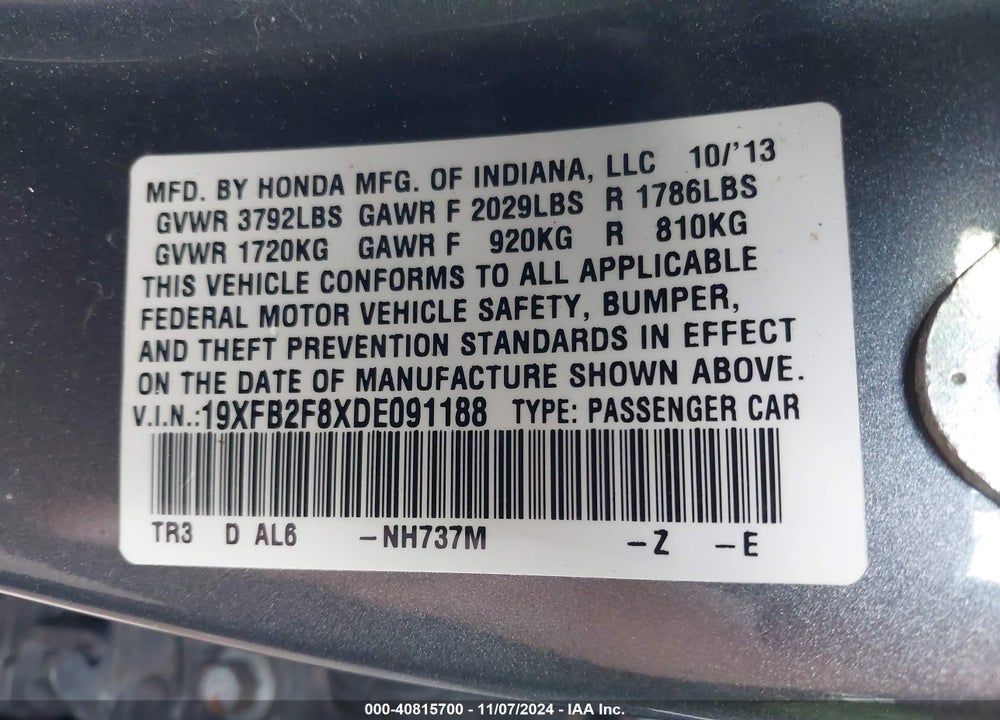 2013 HONDA CIVIC EX VIN: 19XFB2F8XDE091188
