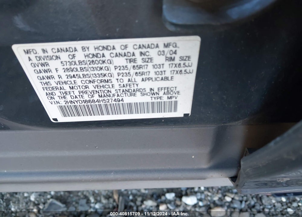 2004 ACURA MDX VIN: 2HNYD18684H527494