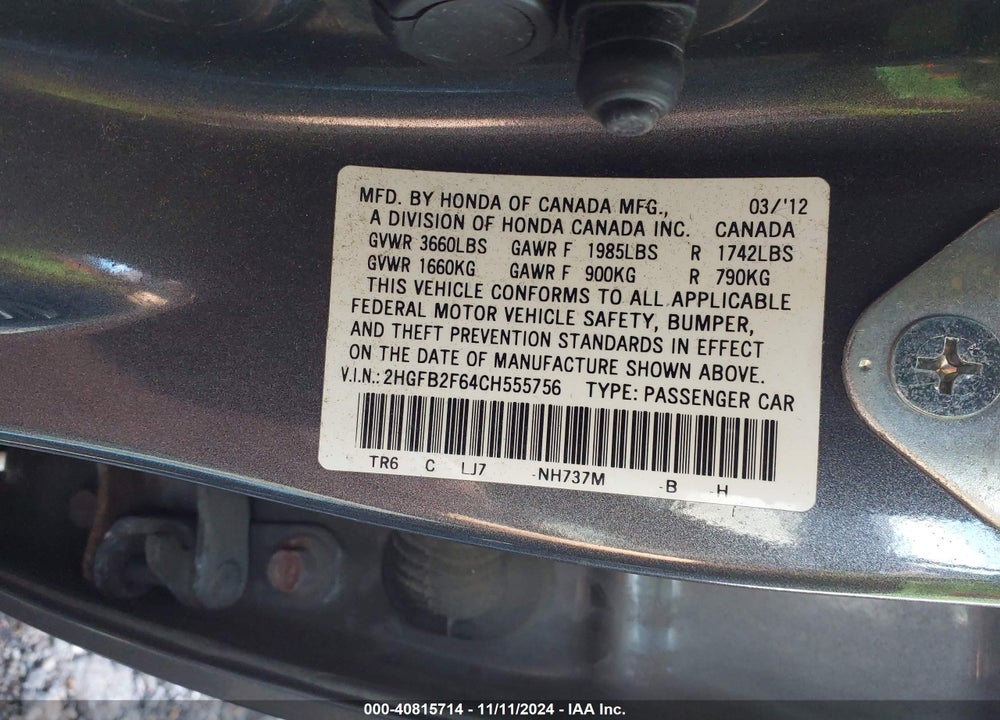 2012 HONDA CIVIC HF VIN: 2HGFB2F64CH555756