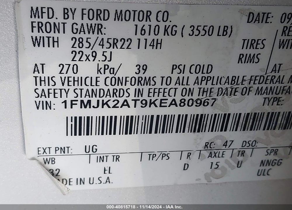 2019 FORD EXPEDITION MAX LIMITED VIN: 1FMJK2AT9KEA80967