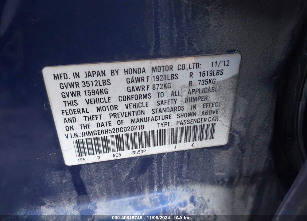 2013 HONDA FIT VIN: JHMGE8H52DC020218