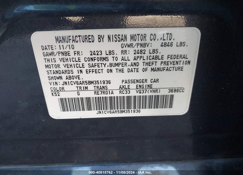2011 INFINITI G37X VIN: JN1CV6AR5BM351936