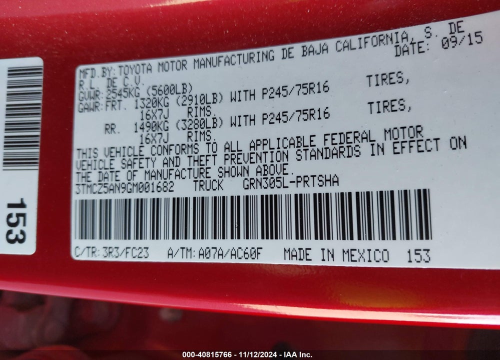 2016 TOYOTA TACOMA VIN: 3TMCZ5AN9GM001682