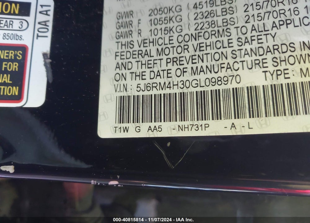 2016 HONDA CR-V LX VIN: 5J6RM4H30GL098970