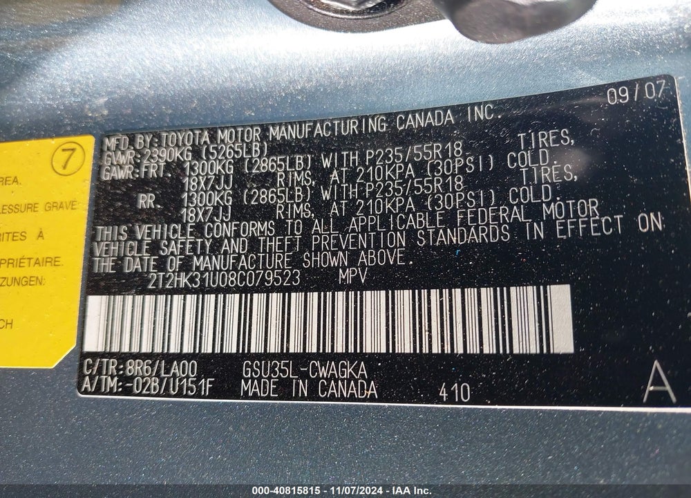 2008 LEXUS RX 350 VIN: 2T2HK31U08C079523