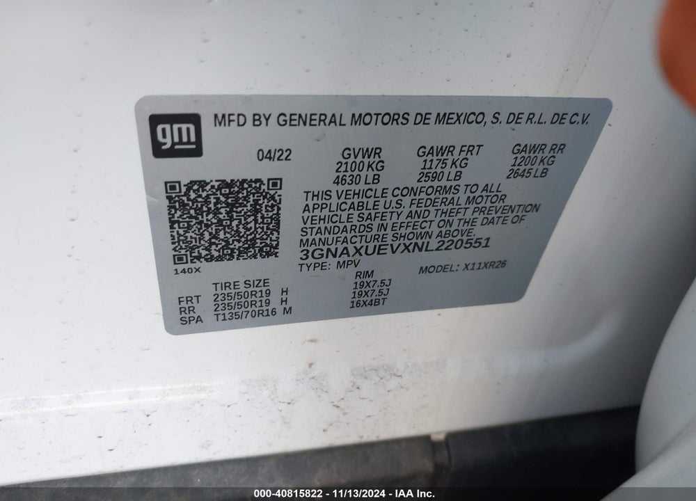 2022 CHEVROLET EQUINOX AWD LT VIN: 3GNAXUEVXNL220551