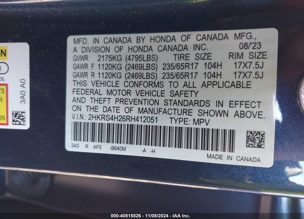 2024 HONDA CR-V LX AWD VIN: 2HKRS4H26RH412051