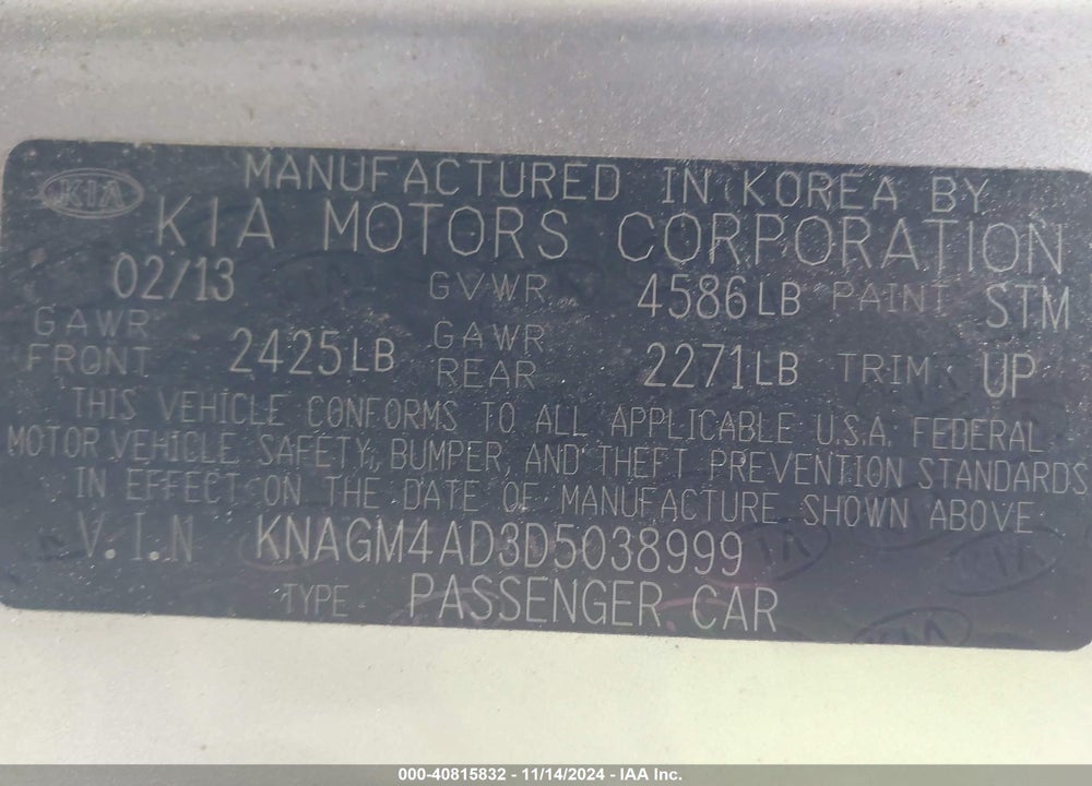 2013 KIA OPTIMA HYBRID VIN: KNAGM4AD3D5038999