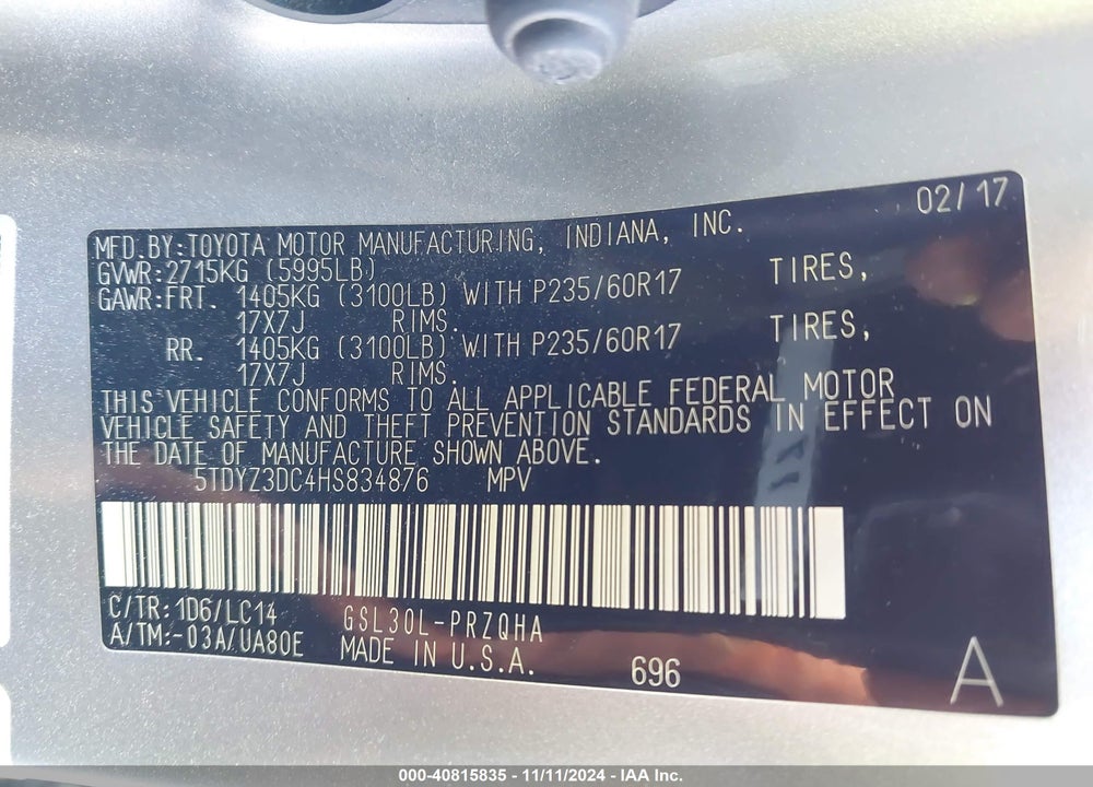 2017 TOYOTA SIENNA VIN: 5TDYZ3DC4HS834876