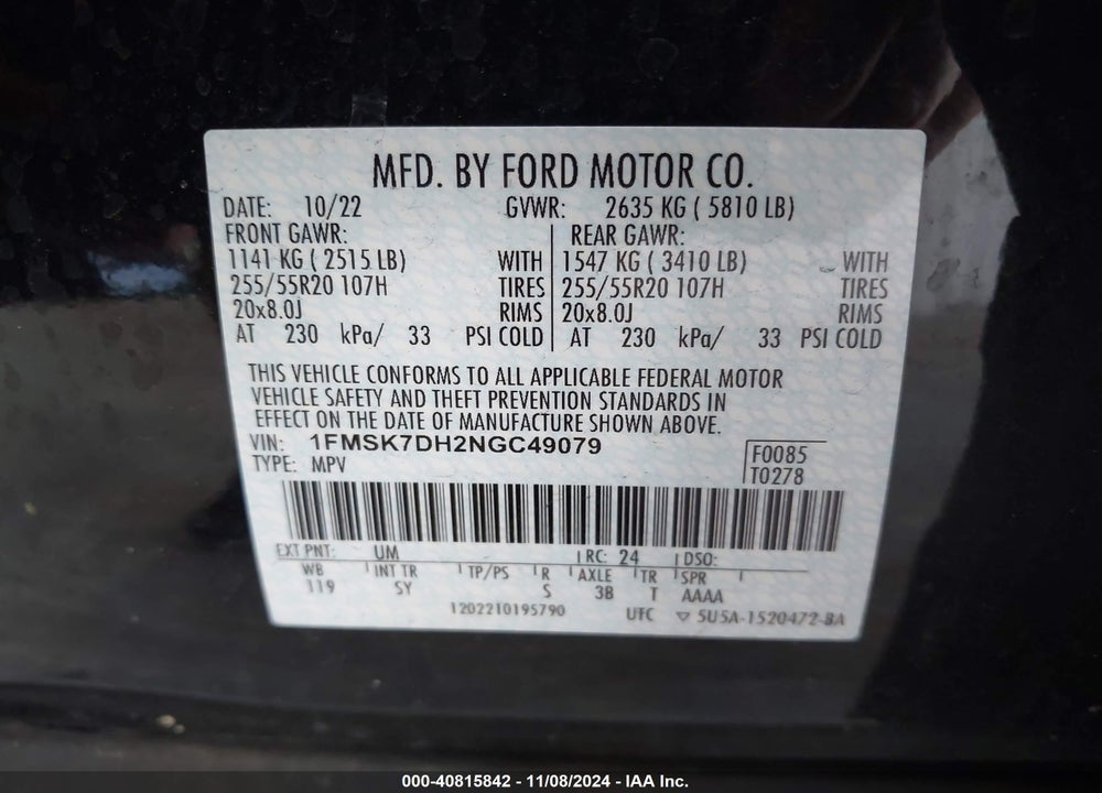 2022 FORD EXPLORER XLT VIN: 1FMSK7DH2NGC49079
