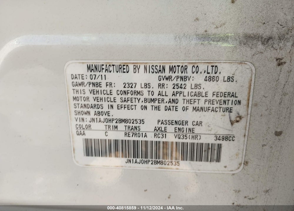 2011 INFINITI EX35 JOURNEY VIN: JN1AJ0HP2BM802535