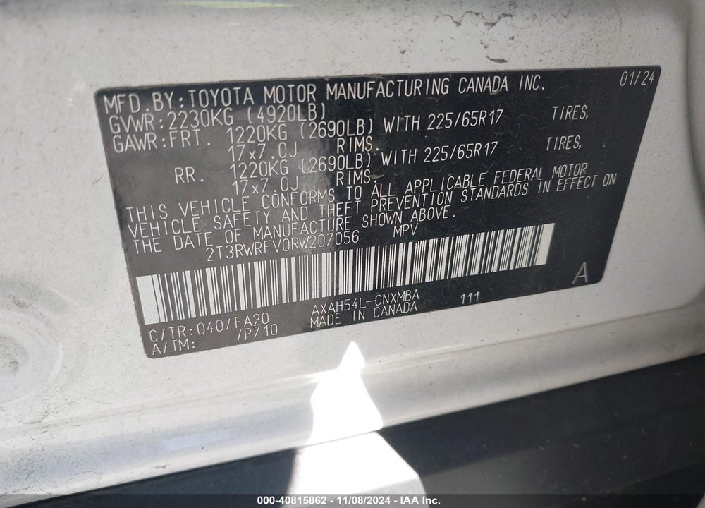 2024 TOYOTA RAV4 HYBRID XLE VIN: 2T3RWRFV0RW207056