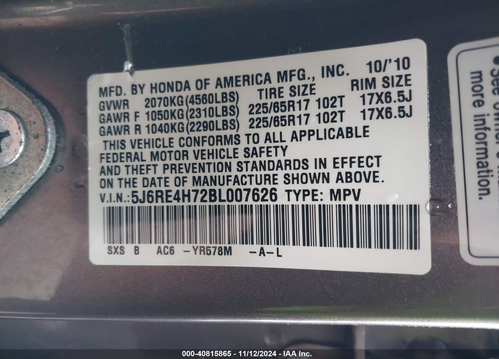 2011 HONDA CR-V EX-L VIN: 5J6RE4H72BL007626