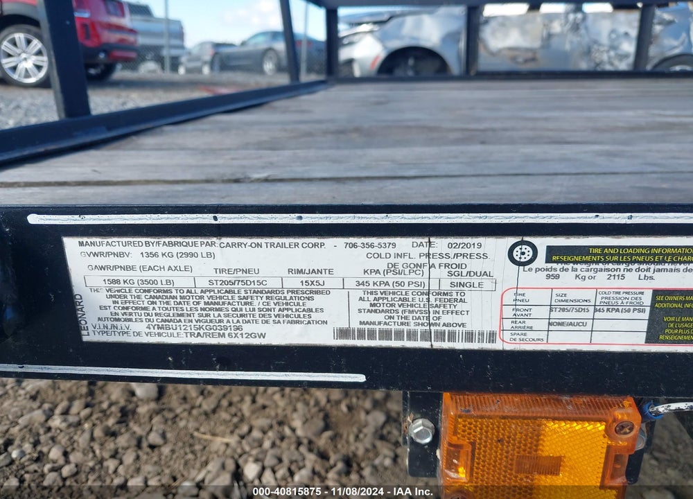 2019 CARRY ON 6X12 UTILITY TRAILER VIN: 4YMBU1215KG039196