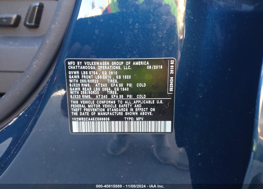 2019 VOLKSWAGEN ATLAS 3.6L V6 SE W/TECHNOLOGY VIN: 1V2WR2CA4KC599808